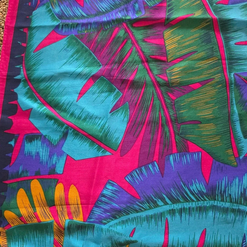 Liz Claiborne Vintage Tropical Palm Leaf Square Scarf Pink Teal Purple 30x31.5
